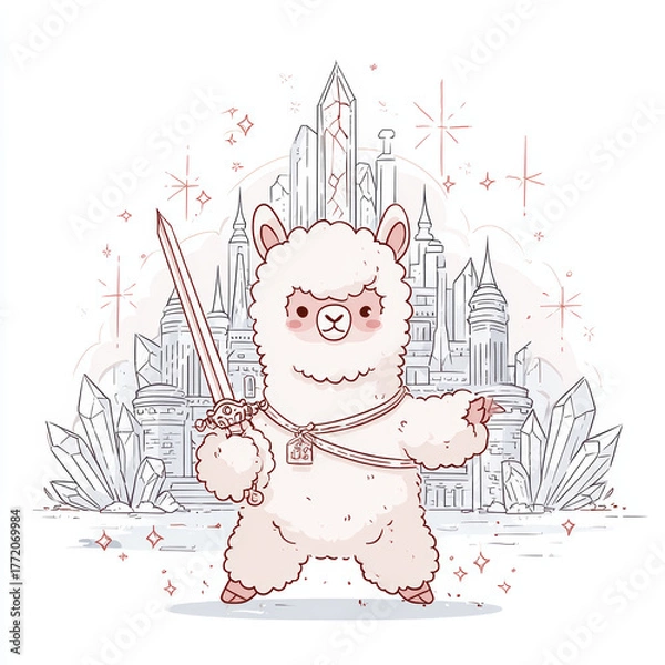 Fototapeta Epic battle of the brave llama warrior in a magical cityscape fantasy art whimsical environment