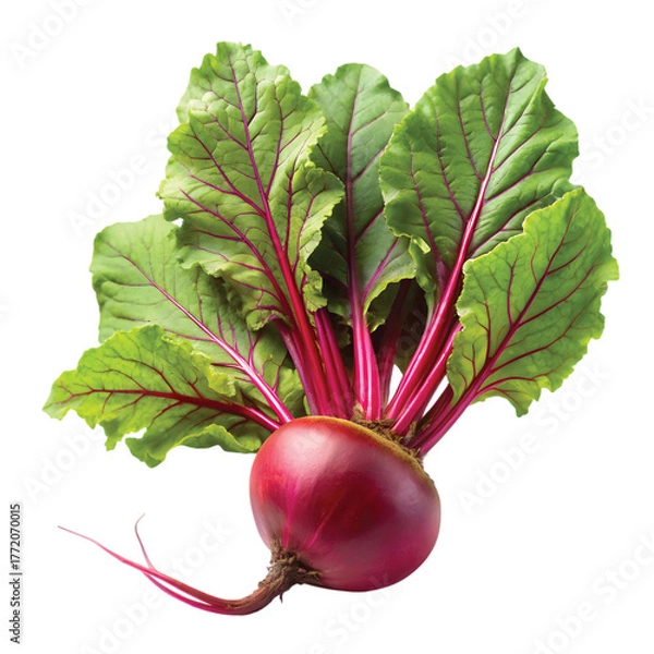 Fototapeta Fresh Whole Beetroot with Leaves: Fresh organic beetroot with green leaves attached, sharp detail, natural texture, high contrast lighting, PNG format.