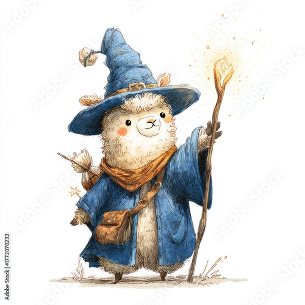 Fototapeta Adventurous wizard alpaca fantasy world illustration magical setting playful perspective