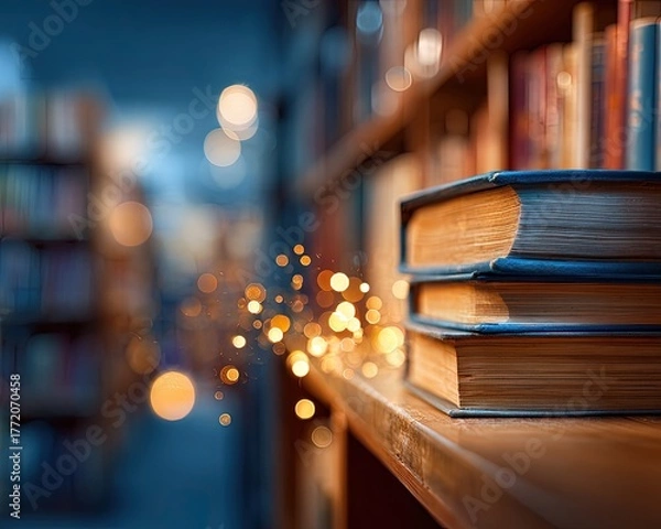 Obraz Glowing Vintage Books On Wooden Bookshelf In Library