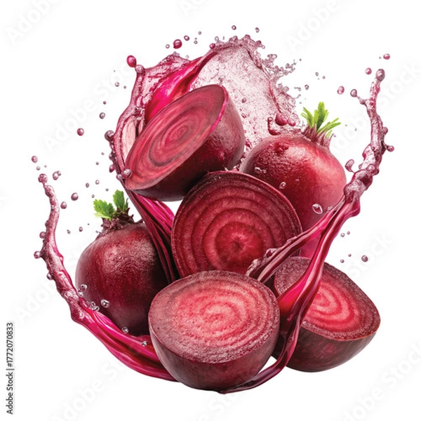 Fototapeta Beetroot Juice Splash: Dynamic splash of beetroot juice with droplets and slices frozen in motion, ultra-sharp clarity PNG.