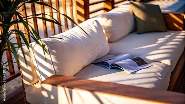 Fototapeta Close up of a daybed with white cushions and a magazine bathed in warm sunlight rays