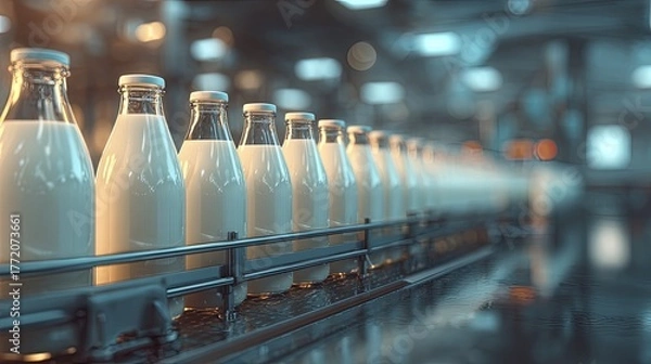Obraz Milk Bottles On Conveyor Belt In Modern Dairy Processing Facility