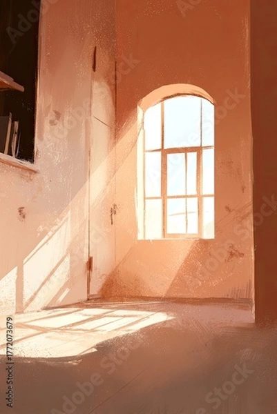 Obraz Sunlit Dusty Interior Room With Arch Window