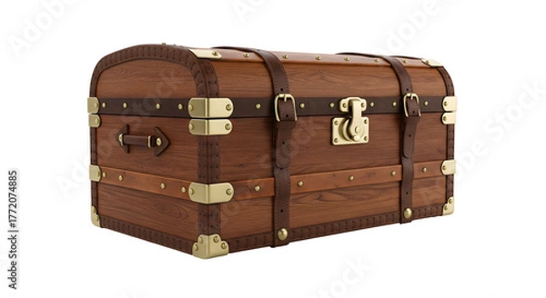 Fototapeta Vintage brown treasure chest with leather straps and golden locks, evokes a sense of adventure, mystery, and history, isolated on transparent background