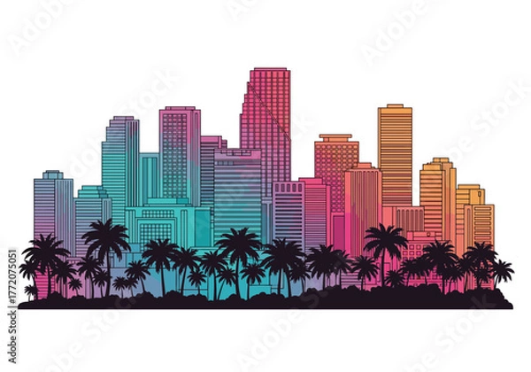 Fototapeta Gradient Miami City Skyline with Palm Tree Silhouettes Illustration