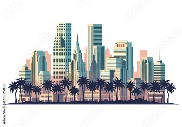 Obraz Miami City Skyline with Abundant Palm Tree Silhouettes Vector Illustration