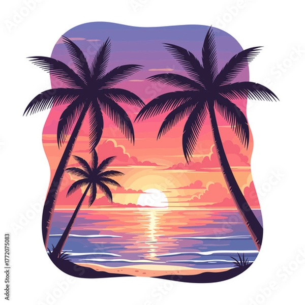 Obraz Tropical Beach Sunset with Palm Tree Silhouettes and Ocean Reflection Illustration