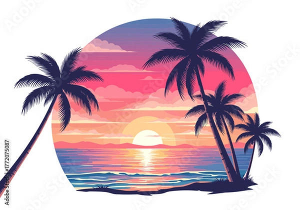 Obraz Vibrant Tropical Sunset Beach Scene with Palm Trees and Ocean Reflection