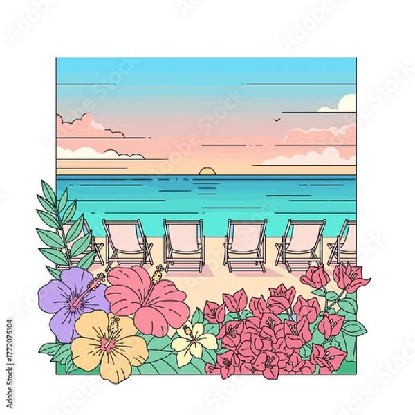 Obraz Serene Beach Sunset with Lounge Chairs and Tropical Flowers Border Illustration