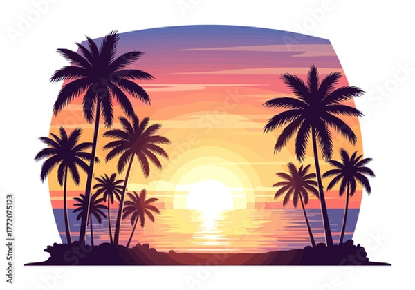 Obraz Idyllic Tropical Sunset Beach with Palm Trees and Colorful Ocean Reflection
