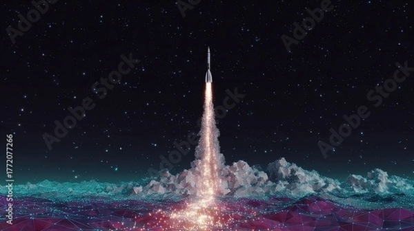 Obraz Rocket Launch Into Night Sky With Glowing Trails And Colorful Clouds
