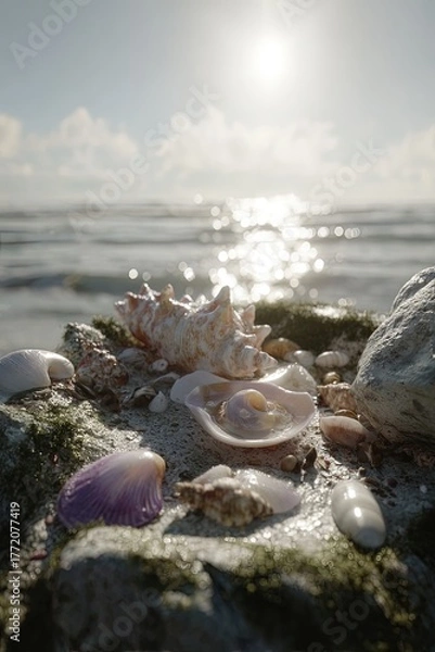 Obraz Seashells On Coastal Rocks At Sunrise