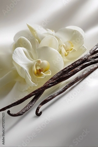 Obraz White Orchids and Vanilla Pods on Smooth Surface