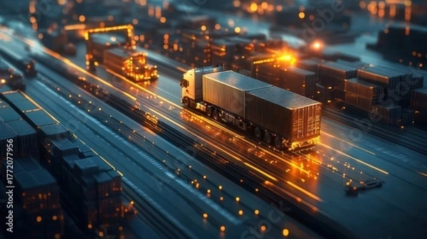 Obraz Futuristic Logistics Network with Illuminated Trucks and Containers