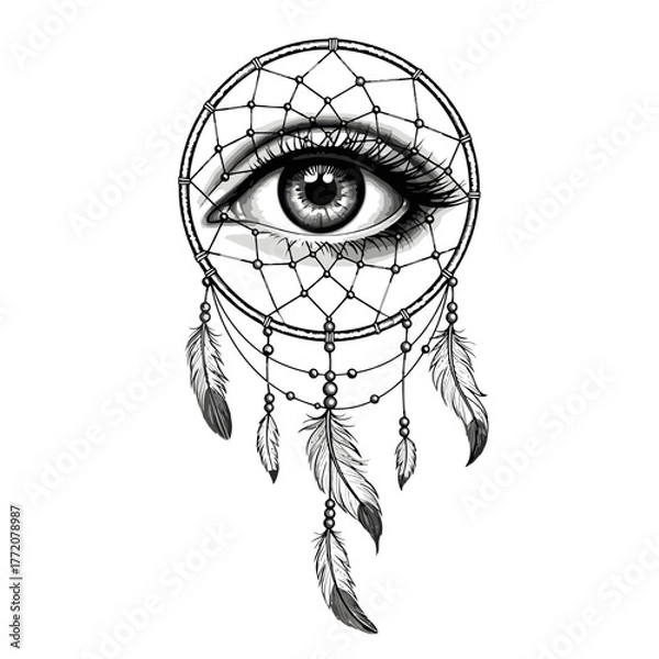 Fototapeta All-Seeing Eye Dreamcatcher Tattoo Design  Symbolic Feather Web Art in Monochrome