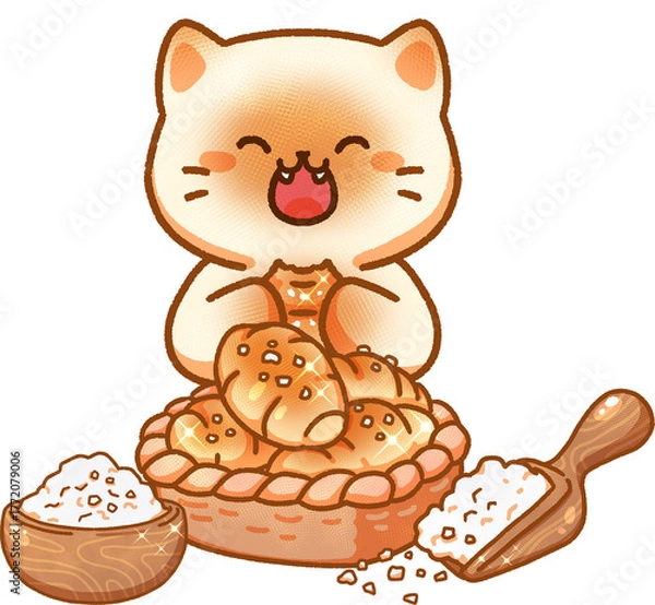 Obraz Cat and bread hand-drawn illustration
