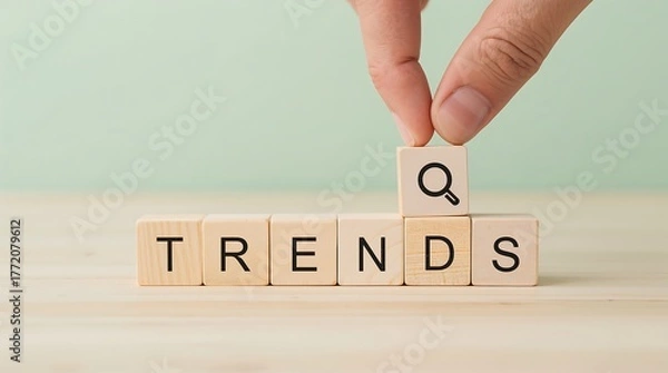 Fototapeta Symbolizing online trends and digital marketing. Search and trending topics. TRENDS, rising chart, hashtag symbol, and search icon. SEO, social media.