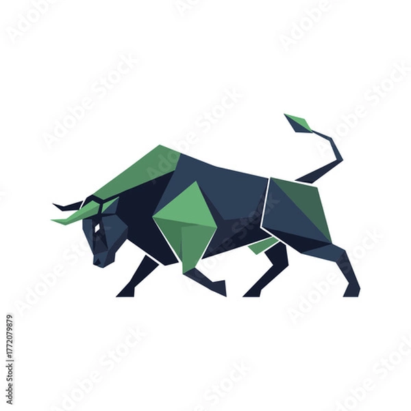 Obraz Geometric Polygon Bull Icon in Blue and Green, representing modern strength, abstract art, and digital finance concepts.