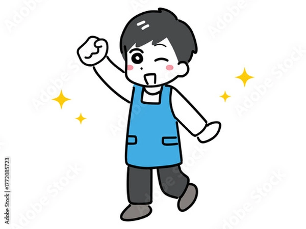 Obraz エプロン姿の若い男性が笑顔でガッツポーズをしているイラスト