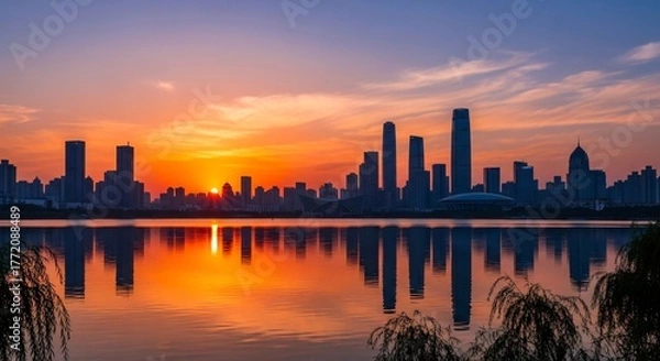 Fototapeta Modern city skyline with tall buildings reflected in calm water at vibrant orange sunset dusk