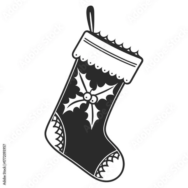 Obraz Black Silhouette Christmas Stocking with Holly and Scalloped Trim