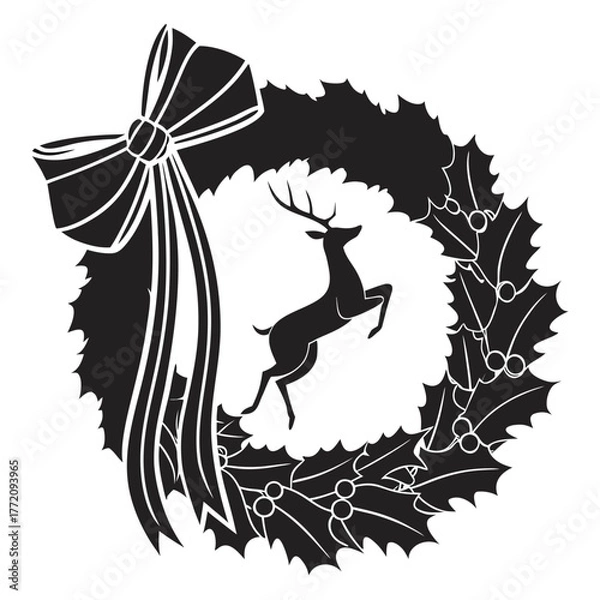 Fototapeta Black silhouette Christmas wreath with reindeer and bow