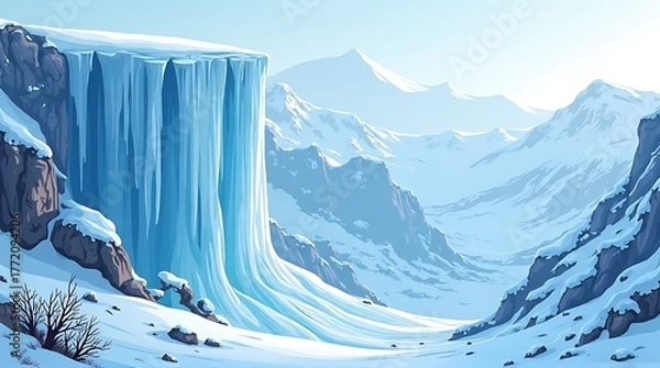 Fototapeta A breathtaking landscape showcasing a massive frozen waterfall cascading down a cliff, surrounded by snow-covered mountains.
