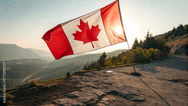 Fototapeta Canadian flag waving in the wind on a sunny day in canada