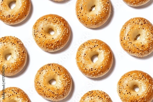 Fototapeta Top down close up of multiple bagels arranged in a pattern on a white surface.