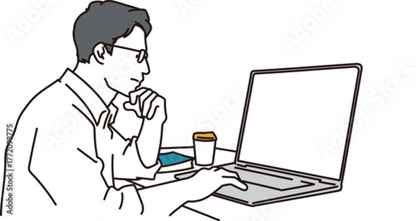 Obraz パソコンの前で悩むメガネの男性のイラスト素材