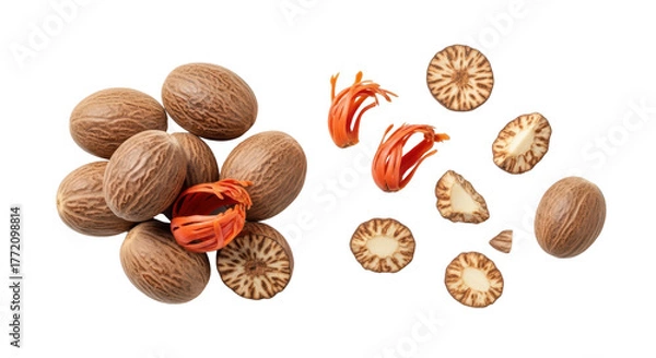 Obraz Nutmeg spice whole and sliced, top view isolated PNG with Transparent Background