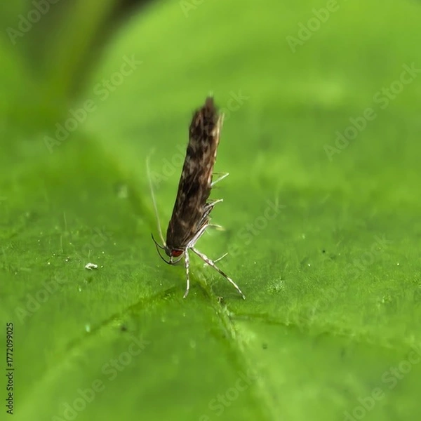Fototapeta Tiny brown moth poised on vibrant green leaf
