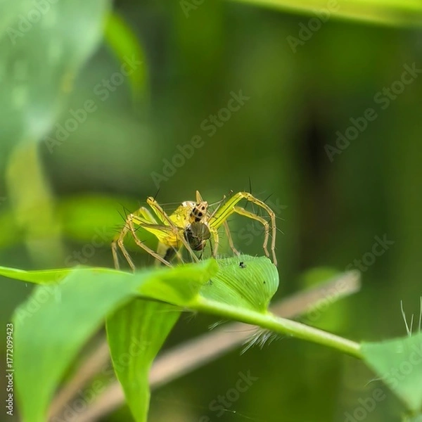 Fototapeta Yellow spider feasts on leaf