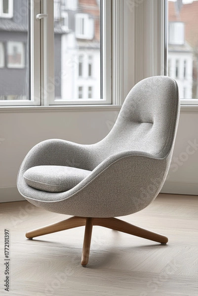 Obraz Soft curved lounge chair gray fabric cushion wooden base modern living room by window