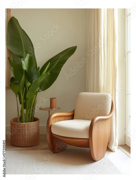 Fototapeta Cozy wooden armchair with cream cushion beside large potted tropical plant and soft window light, minimalist interior scene evoking calm and natural warmth