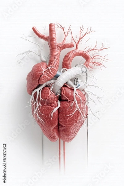 Fototapeta Artificial human heart model with vascular tubing and grafts showing medical device connection and anatomical detail in clean clinical composition evoking precision and clinical urgency