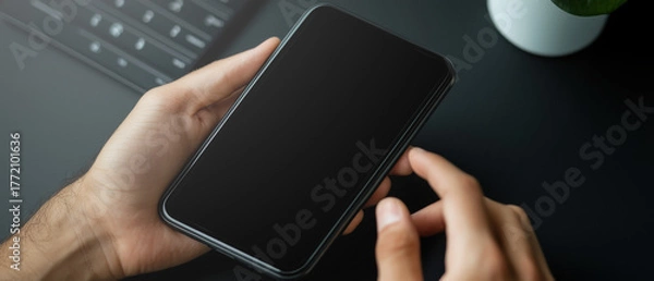 Fototapeta Modern black smartphone held by male hand on dark desk with laptop keyboard and plant in soft light conveying focused mood and minimal workspace