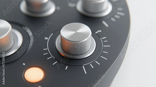 Fototapeta Sleek metal knob black control panel illuminated indicator brushed aluminum finish minimalist design close up