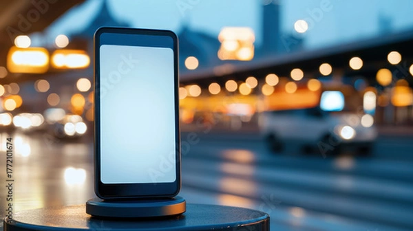 Fototapeta Modern smartphone with blank screen on urban night street display, minimalist design, mobile device on pedestal with bokeh lights and blurred traffic creating moody ambient glow