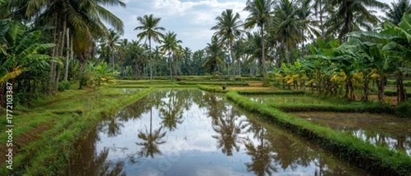 Obraz Paddy fields and tropical trees
