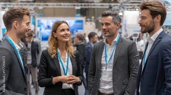 Fototapeta Group of business professionals at a conference or exhibition, networking and engaging in conversations