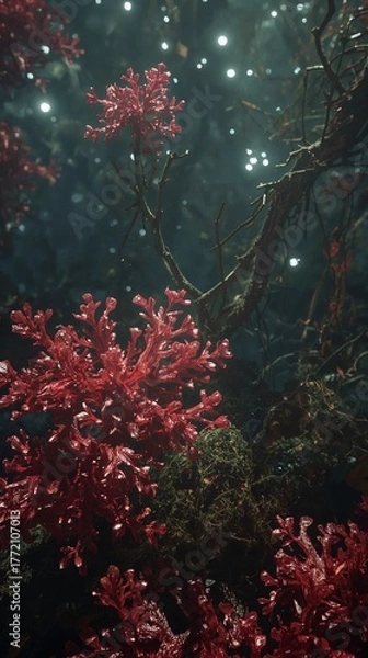 Obraz Bright red coral thrives in the dark depths of the ocean, surrounded by shadows and glimmering particles of light. The underwater landscape is serene and captivating.