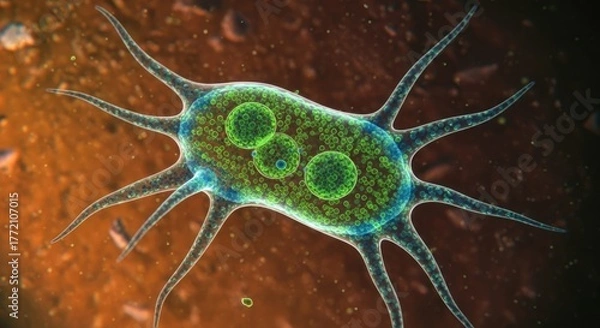 Fototapeta Microscopic view of a singlecelled organism with spiky arms
