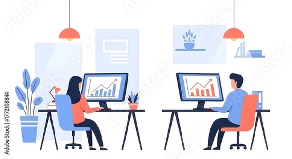 Fototapeta Two people working at computers with charts on the screens in an office.