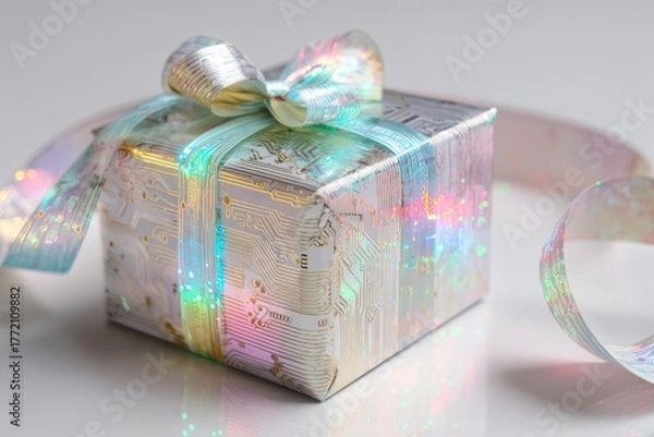 Fototapeta futuristic tech gift box wrapped in light holographic circuit pattern metallic paper and iridescent ribbon on white background. software marketing, gadget store promotion, holiday campaigns for AI, IT