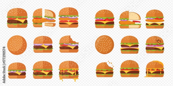 Fototapeta Illustration of various burgers with different toppings and fillings, some whole, some cut in half, and some with a bite taken out.