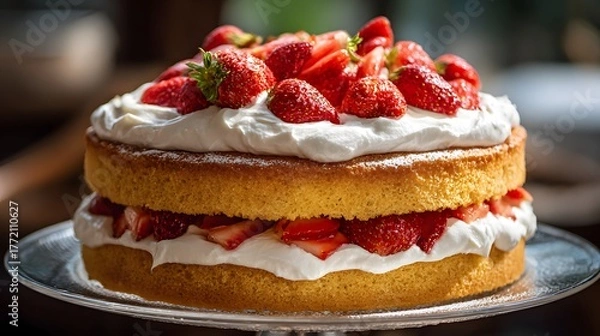 Fototapeta Rich golden sponge layered cake generously topped with fresh cream and whole ripe berries