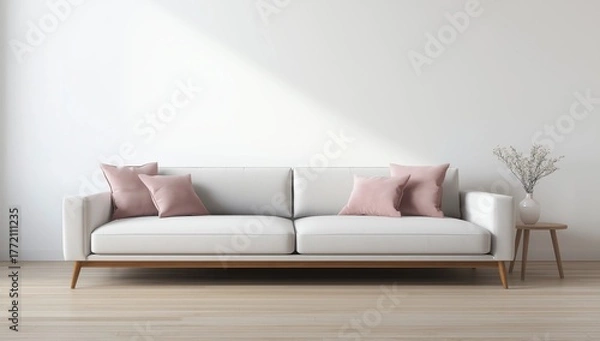 Obraz Horizontal interior poster mock-up with fabric sofa and pillows on white wall background. 3D rendering