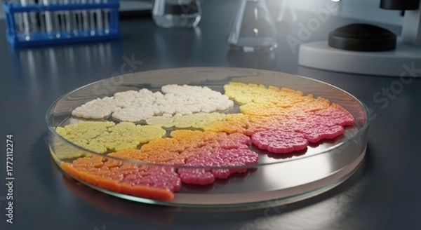 Fototapeta Petri dish with colorful bacterial colonies in a lab